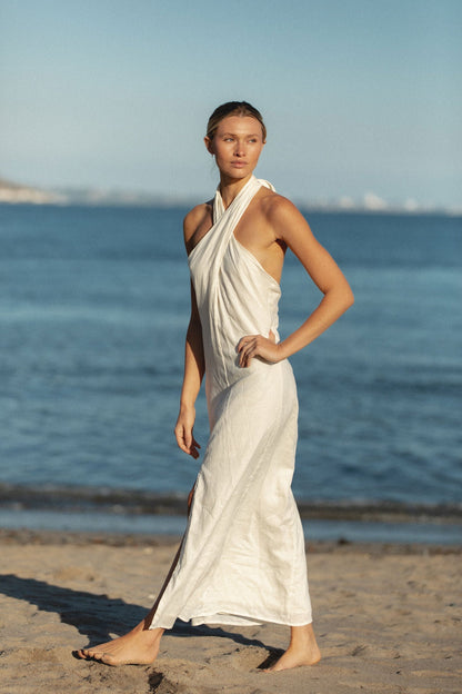 Sunset Sip Halter Tie Linen Blend Dress